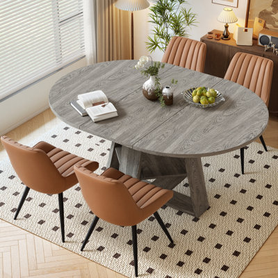 Fecteau Round To Oval Expandable Dining Table & Chairs Set, Space-Saving Dining Table With Hidden Storage Shelf, Includes 4 Upholstered Chairs