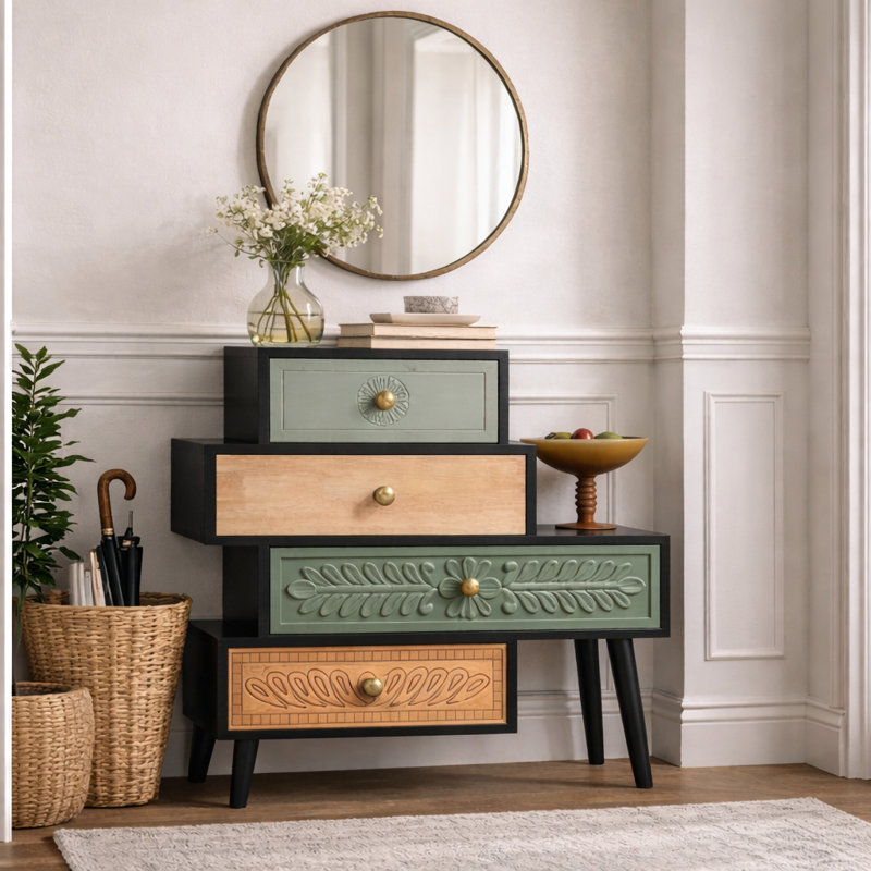 Cayden Farmhouse 4-Drawer Rustic Natural Wood Accent Chest,Handcrafted Cabinet, Black