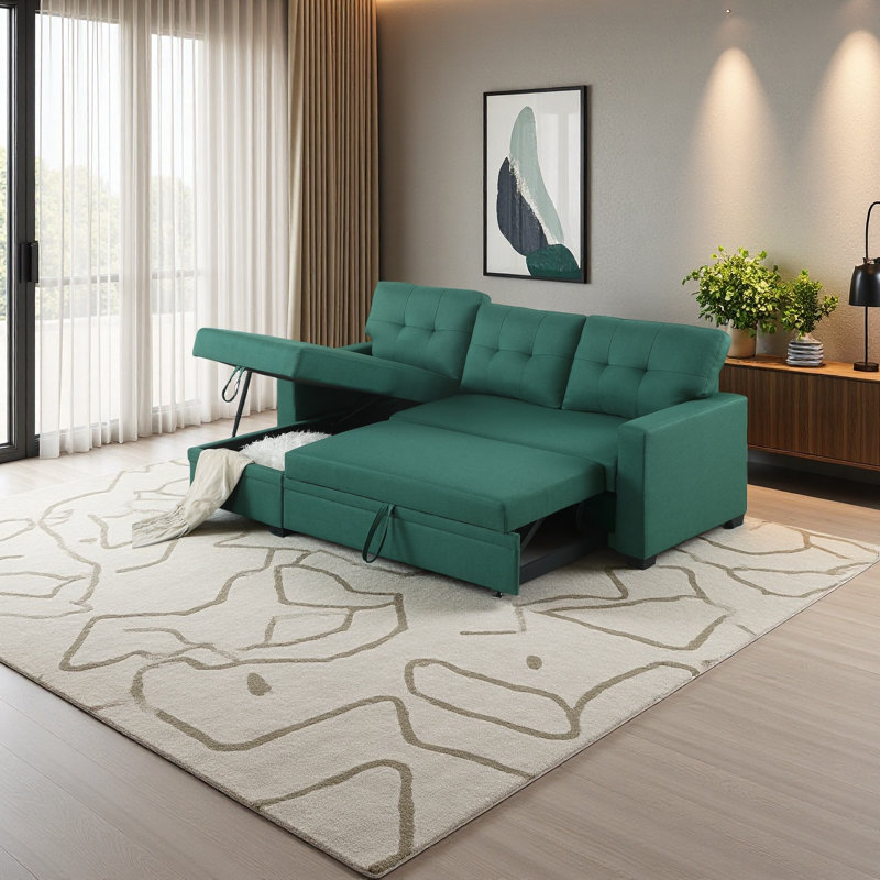 Canapé modulaire rembourré avec méridienne, Lin vert
