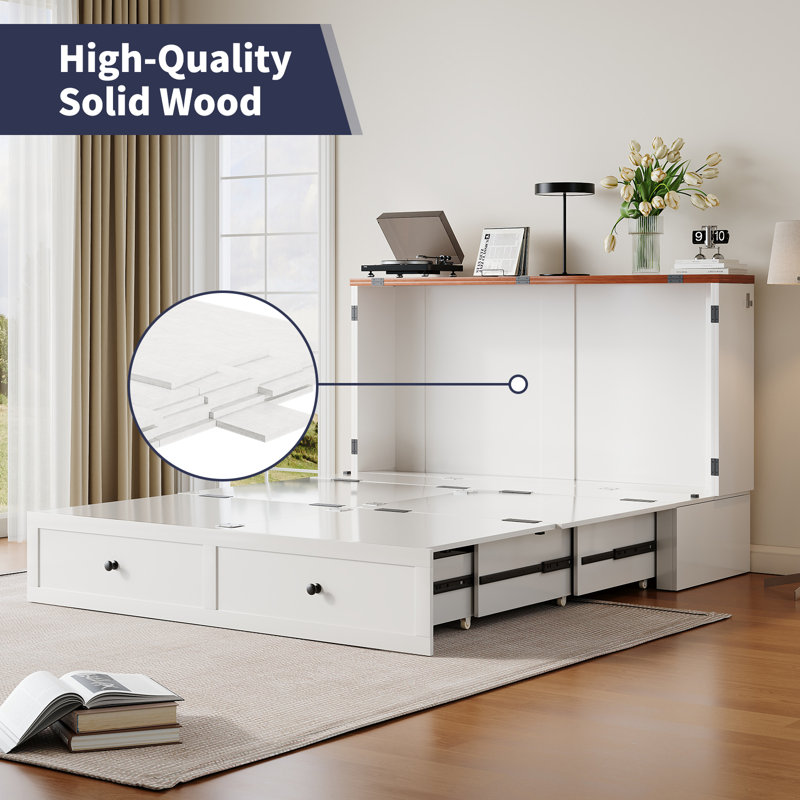 Armoire pour grand lit escamotable avec cadre en bois massif à 2 tiroirs USB, Grand lit