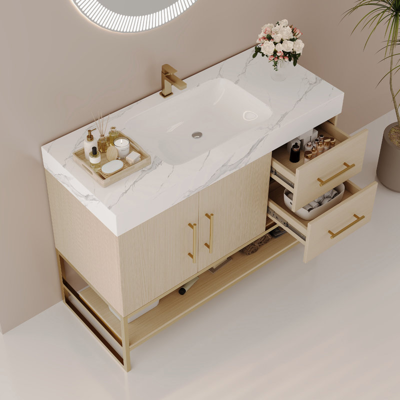 Iscari 36" Modern Vanity With Seamless Ceramic Sink & Gold Accents, Wood, White Marbel