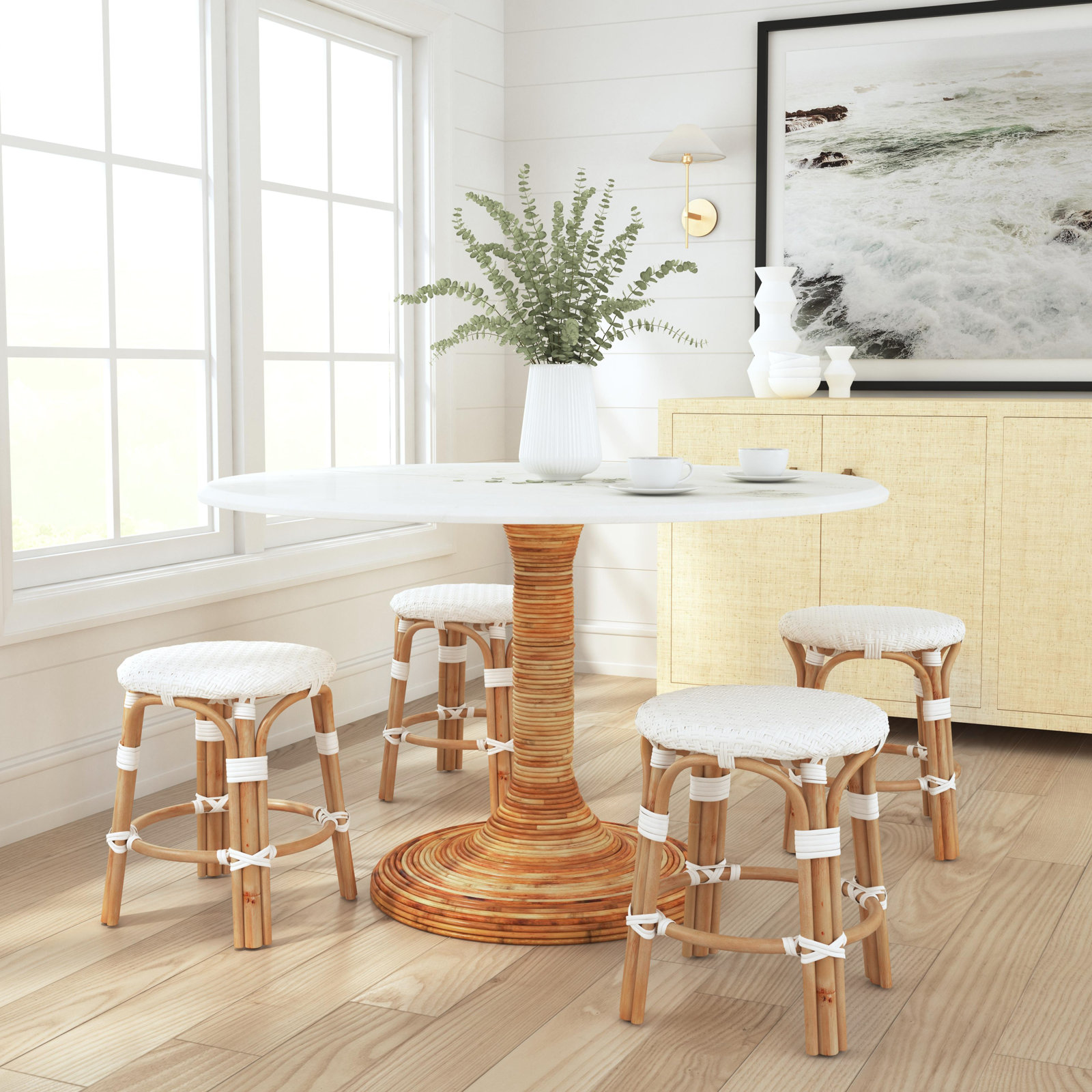 Alastair 18" Dining Short Stool, Glossy White/Natural Rattan Frame