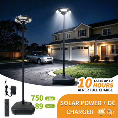 89 Inch Outdoor Street Light with Steel Pole & Fillable Base, 750 LEDs Solar Lamp Post Light, Solar Powered & DC Charging, IP65 Waterproof