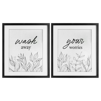 Wash Away Worries Minimalist Leaves 2pc Framed Print Under Glass Set, design by Lettered and Lined