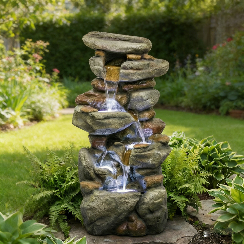 Fontaine cascade de roche en polyrésine 30 "avec lumières DEL