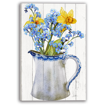 Forget-Me-Not et bouquet de jonquille dans un pichet rétro - art mural aquarelle floral