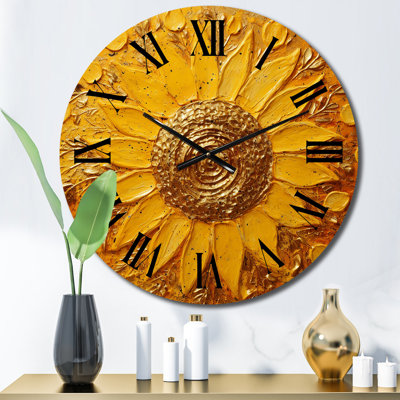 Metal Wall Clock - Golden Radiant Sunflower Blooming Painting