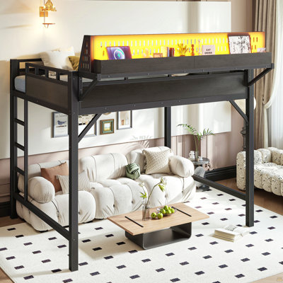 Ful size Loft Bed Frame with Storage Shelves and Pegboard, Metal Loft Bed with USB Ports and LED Lights, Safe and Sturdy, Black