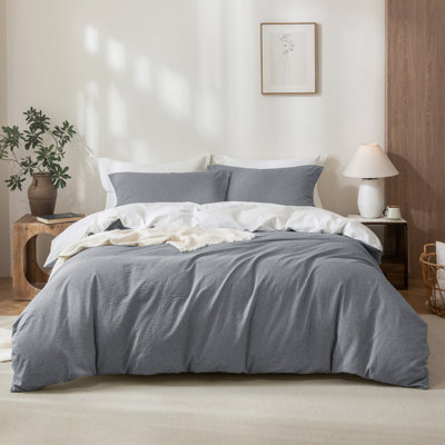 Solayne 100% Washed Cotton Duvet Cover Set with Faux Hemp Texture, Solid Colour, Zipper Closure and Corner Ties
