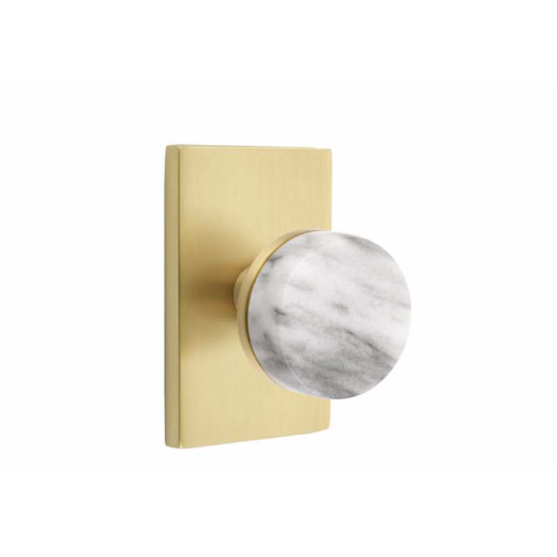 Ensemble de boutons d'intimité Emtek Select, rosette rectangulaire moderne, tige conique, poignée en marbre blanc
