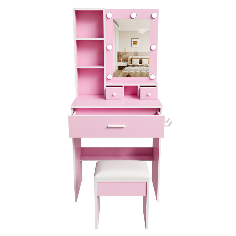 Table de coiffeuse avec miroir et lumières DEL réglables, prise de courant, support pour séchoir à cheveux et tabouret - coiffeuse compacte pour petites chambres (rose)