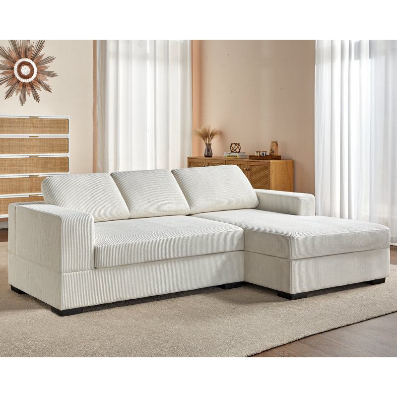 Oversized White Corduroy Three-Piece Sleeper Sectional Sofa