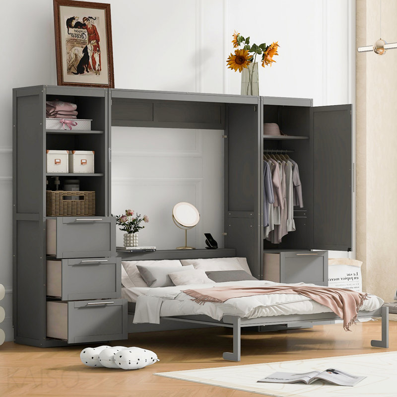 Grand lit escamotable mural avec placard, tiroirs et tablettes, gris