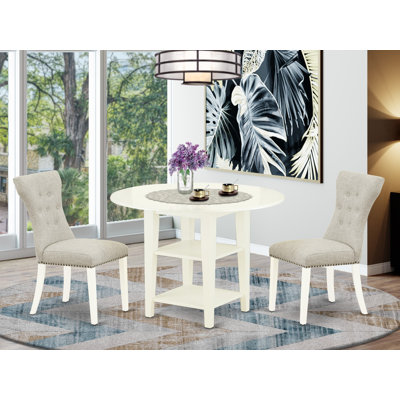 3 Piece Kitchen Table Set for Small Spaces Contains a Round Dining Table with Dropleaf and 2 Doeskin Linen Fabric Upholstered Chairs, Linen White