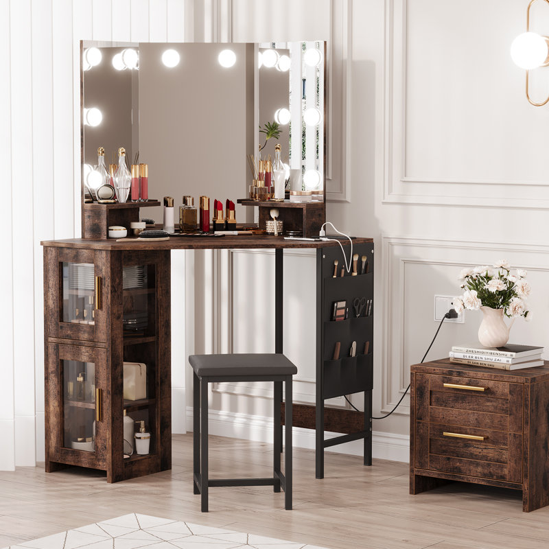 Bureau de meuble-lavabo de coin avec miroir à DEL et armoire de rangement avec tabouret pour chambre à coucher, Brun