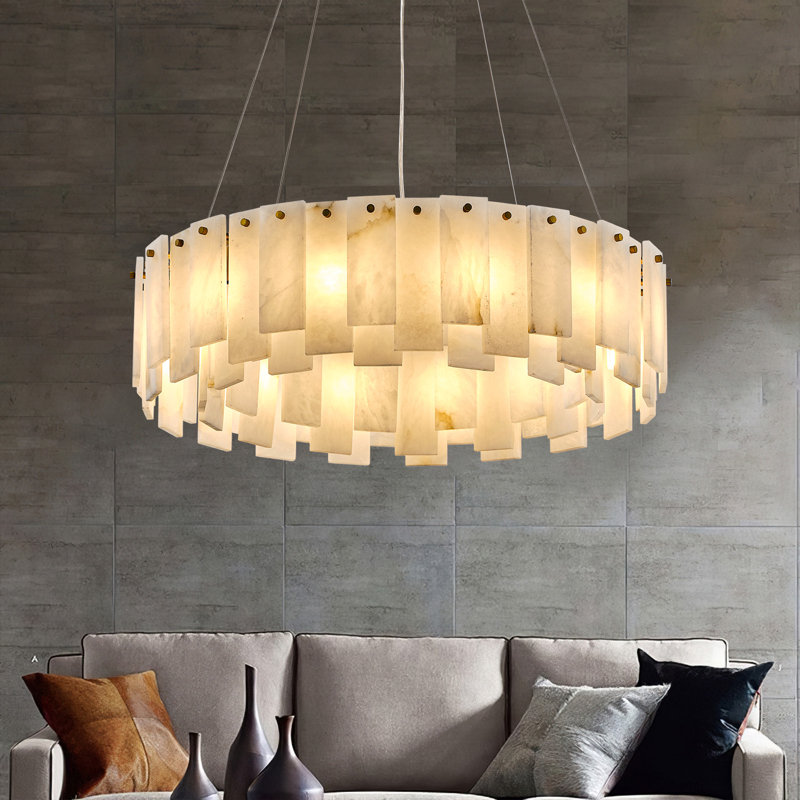 23.6" 10-Light Round Alabaster Kitchen Island  Gold Chandeliers(Bulbs Included), 10, 6.3" H x 22" W x 22" D
