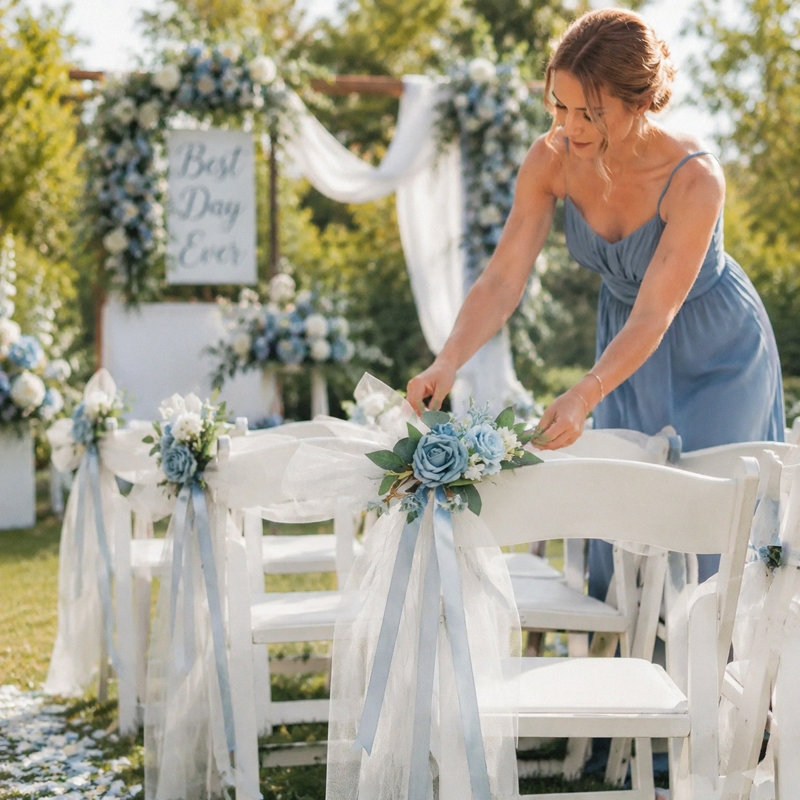 Fleurs de dossier de chaise, ensemble de 2 décorations de chaise de mariage, décoration d'allée pour la cérémonie, réception, extérieur, allée de mariage banc d'égout, fleurs artificielles
