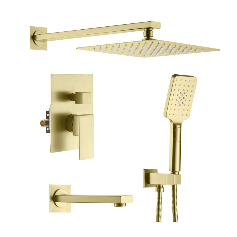 Système de douche cubique à pression équilibrée à 3 fonctions avec valve brute, Or brossé