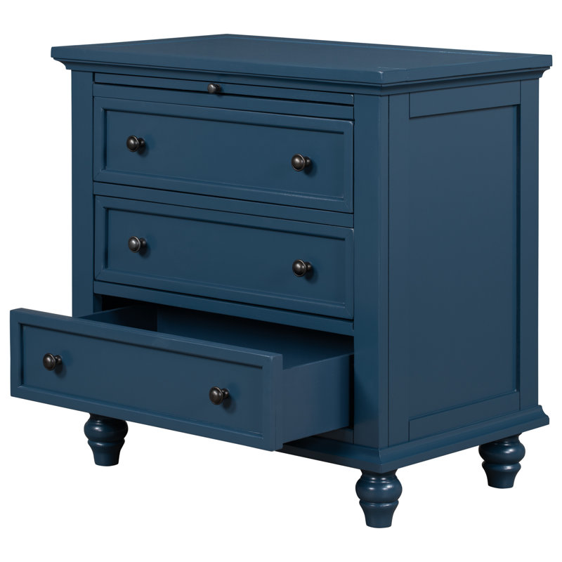 Luminex Traditional 3-Drawer Nightstand with Pull-out Shelf and Solid Wood Legs (Set of 2), Blue, Set of 2
