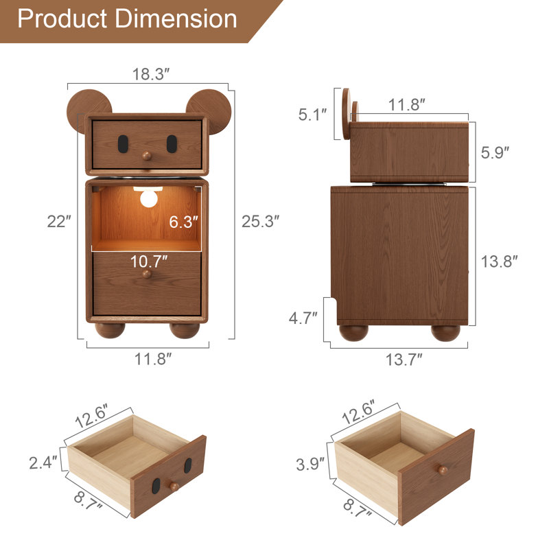 Solid Wood Nightstand with 360° Rotating Drawer, Sensor Light & 2 Drawers