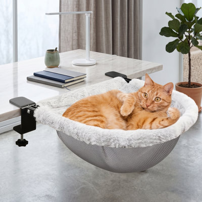 Extra‑Large Feline Desk Rest Bed for Household & Workspace, Roomy 19"x15" Sleeping Nest, Recessed Hammock Style with Plush Faux Fur Surface, Detachable Washable Fabric Sleeve, Supports Weight up to 40lbs, Compact‑Saving Cat Viewing Perch