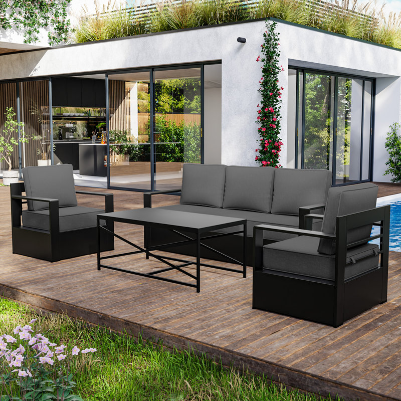 Abdullah 4-Piece Modern Aluminum Outdoor Patio Furniture Set with Grey Cushions and Coffee Table, Dark Gray