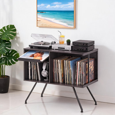 Support pour platine vinyle 80 cm avec rangement et couvercle rabattable anti-poussière | Étagère pour disques vinyle pouvant contenir plus de 150 albums, séparateurs en forme de U, support pour platine avec présentoir pour le salon et la chambre
