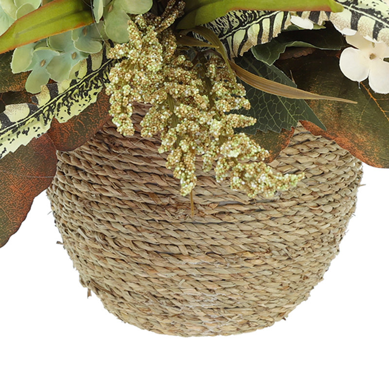 Fall Arrangement with Hydrangeas and Wheat in Rope Pot, Green