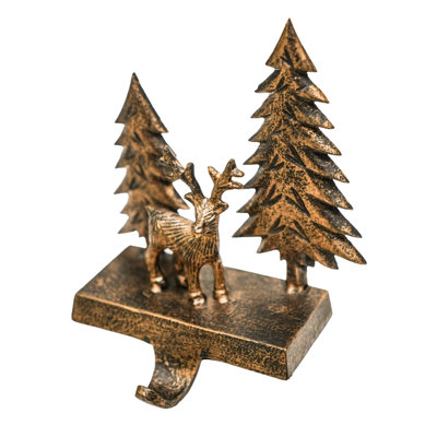 Stocking Holder Deer Scene Antique Brass H19Cm