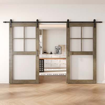 Homacer Classic Gray Double 40in x 80in 5-Lite Frosted Glass Unassembled & Finished Barn Doors with Non-Bypass Installation Hardware Kit, 14ft track, interior use only