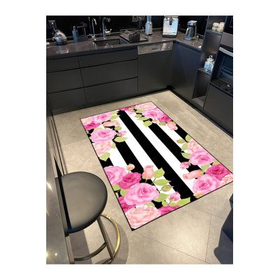 Tapis rose à motif floral moderne à rayures roses et lavable à la machine