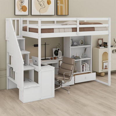 Loft Bed With L-Shaped Desk And Drawers, Cabinet And Storage Staircase