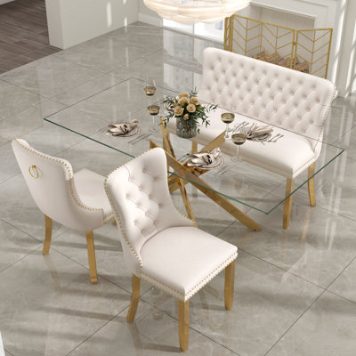 Ensemble de salle à manger de luxe avec banc et chaises en velours touffeté à la main, table en verre trempé de 8 mm, mobilier moderne pour la salle à manger
