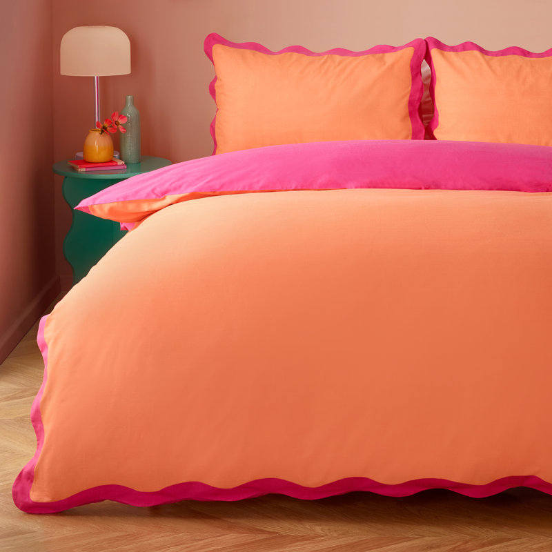 Wiggle Scallop Cotton Blend No Pattern Duvet Cover Set with Pillowcases Included, Orange/Pink