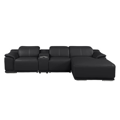 Black Right-Facing 4-Piece L-Shaped Sectional In Genuine Leather With 2 Power Recliner & Adjustable Headrests – Open Seating Design