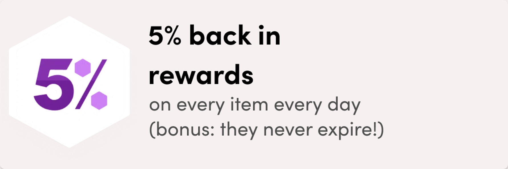 5% back in rewards on every itme every day (bonus: they never expire)