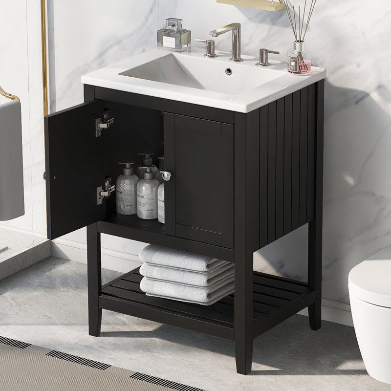 Lavabo de meuble-lavabo moderne élégant en céramique 24 po avec tablette ouverte en bois massif Legault, Argent argent