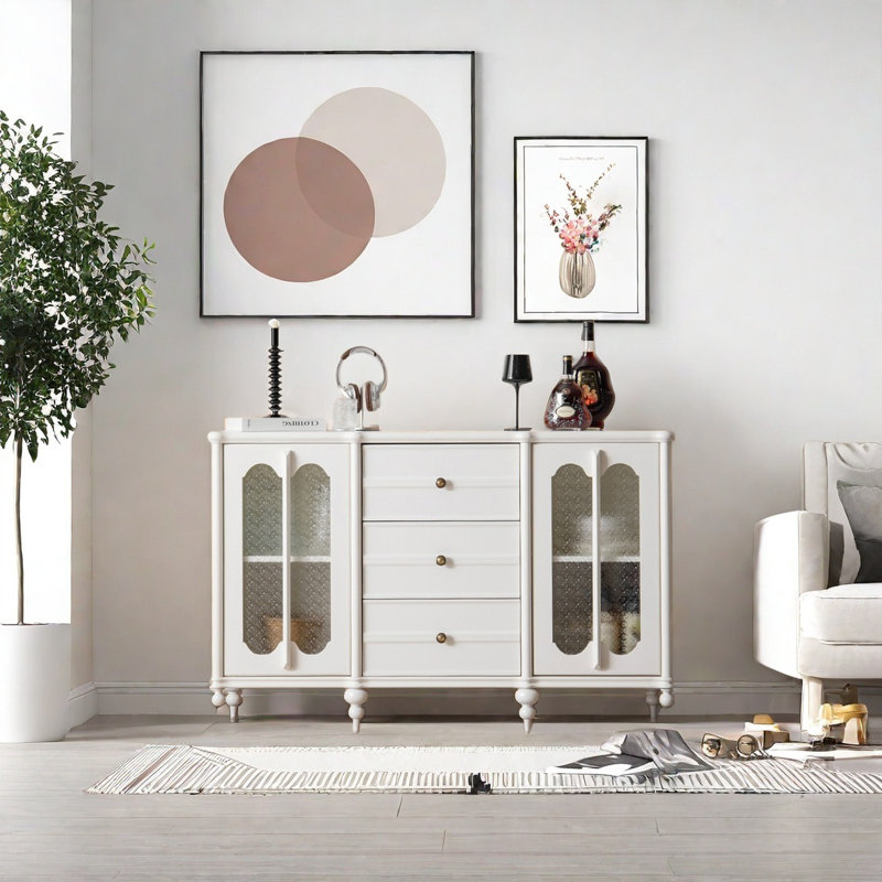 Buffet rétro avec 2 portes et 3 tiroirs, Blanc