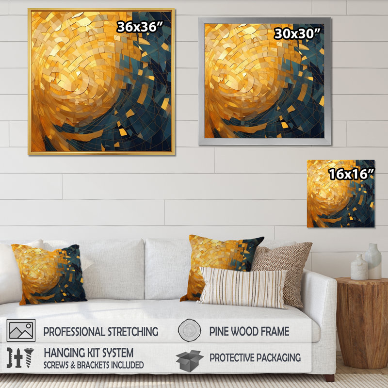 Visions cubistes dorées et noires VI - reproduction sur toile, H 24 po x l 24 po x P 1 po, Cadre doré à une seule photo