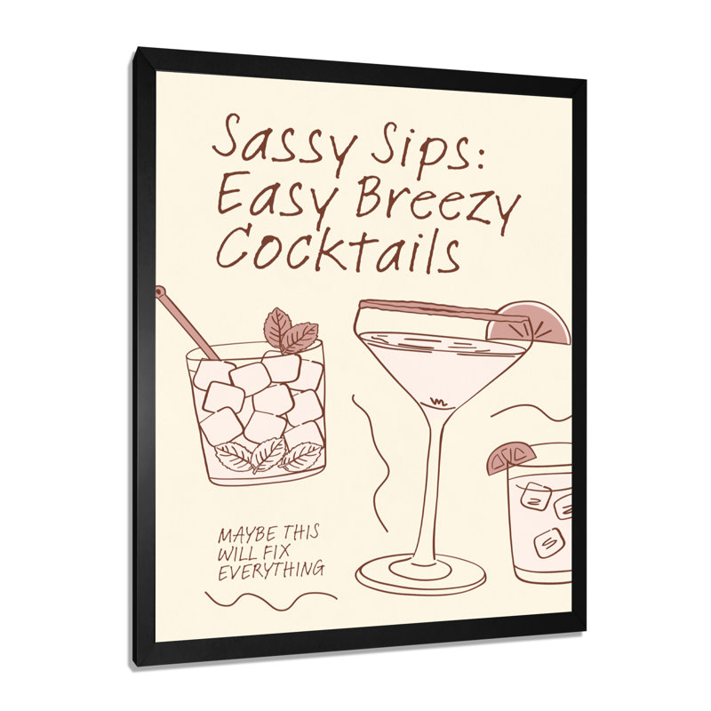 Sassy Sips: Easy Breezy Cocktail - Décoration murale cocktails, Toile encadrée noire simple, H 32 po x l 24 po x P 1 po