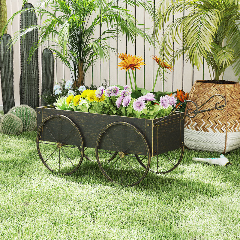 Metal Wheelbarrow Planter, Flower Cart Wagon Planter Box, Garden Planter With Wheels, Gold