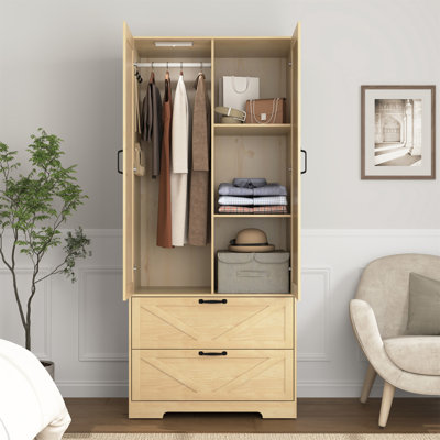 Armoire 2 portes en bois pour chambre à coucher avec tringle à vêtements suspendue à l'intérieur de l'armoire et 2 tiroirs pour l'organisation du rangement