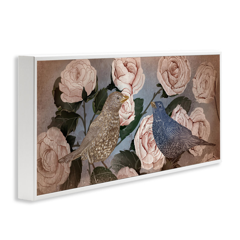 «Bird Sanctuary Bird Budding Roses», dessin de Lori Mosley, H 13 po x l 30 po, Estampe numérique encadrée blanc bord de mer