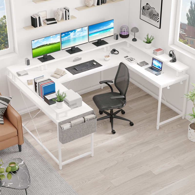 U Shaped Desk, Gaming Desk With Monitor Stand And LED Lights, Reversible Shaped Large Computer Desk With Power Outlets, Office Desk With Storage Bag And Hooks