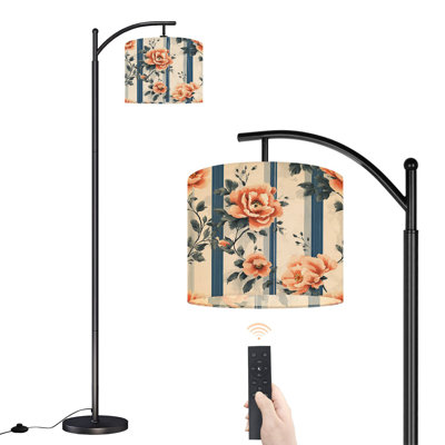 Arc Floor Lamp with Adjustable Lampshade Peach Floral Blue Stripes Green Leaves Standing Lamp 3 Color Temperatures Dimmable Tall Pole Lamp with Foot Switch for Bedroom