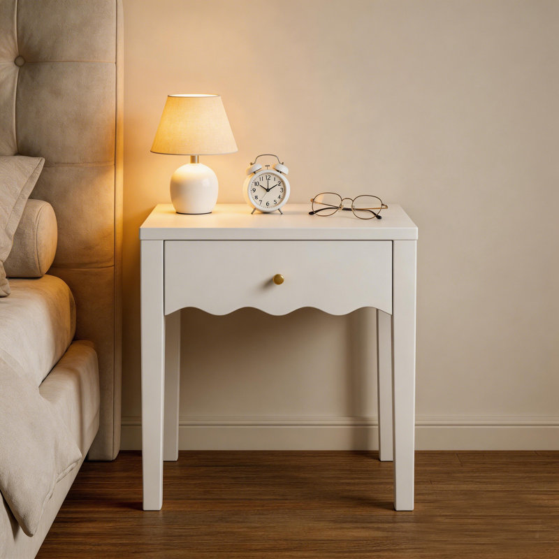 Elegant Scalloped Edge Nightstand White Bedside Table with Accent Drawer