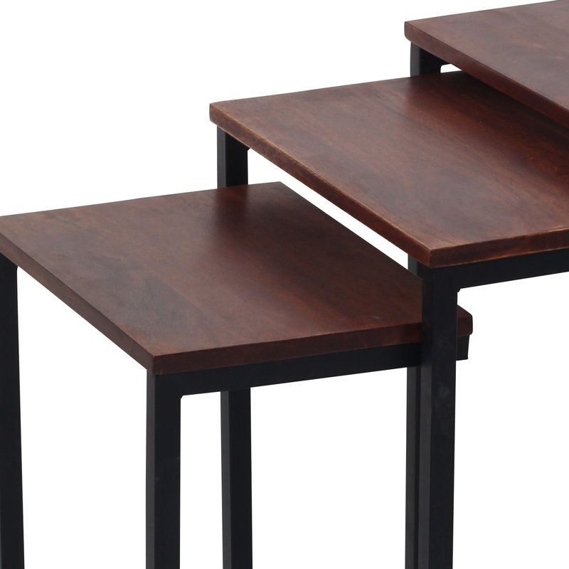 Ensemble de 3 tables d'appoint Hadarah brun châtaignier avec base en métal noir, table de canapé et table de bout