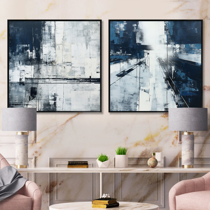 Ensemble de 2 collages carrés noirs en noir et blanc, Cadre flottant noir, H 16 po x l 33 po