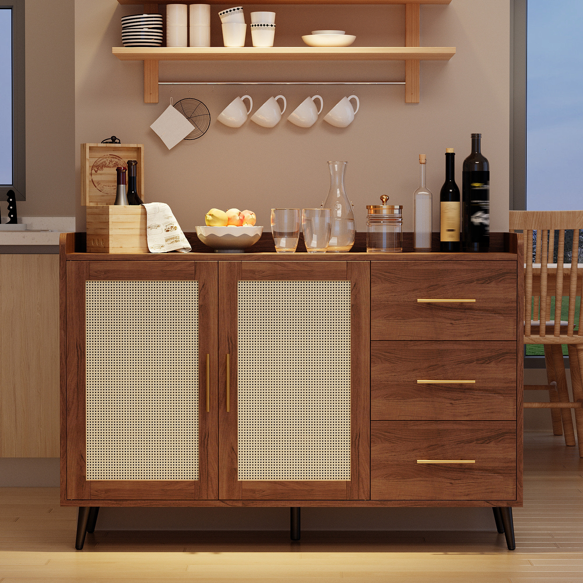Bay Isle Home™ 47.12" W Coffee Bar Wine Cabinet With 14-grid Wine Rack, 3 Drawers, Woven Rattan Doors, Multi-purpose Home Bar & Liquor Bar For Kitchen And Living Room & Reviews | Wayfair