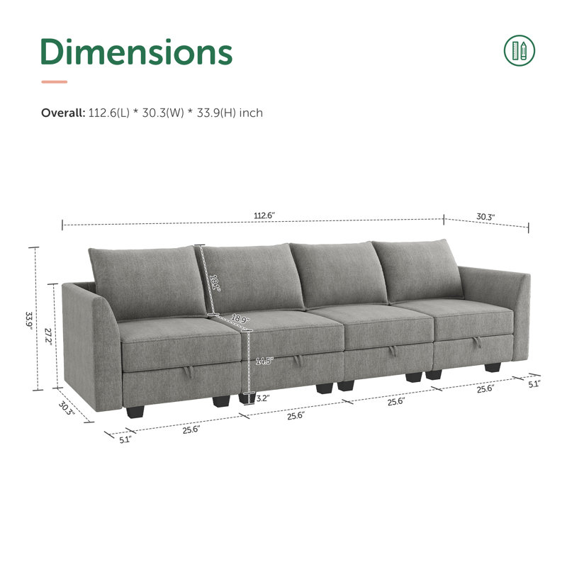 Nikitas 4-Seater Modular Sofa Couch, Gray Polyester